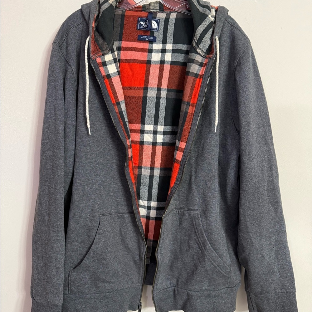 THE NORTH FACE Hoodie Men's XL Gray Full Zip Red Plaid Lined Pockets